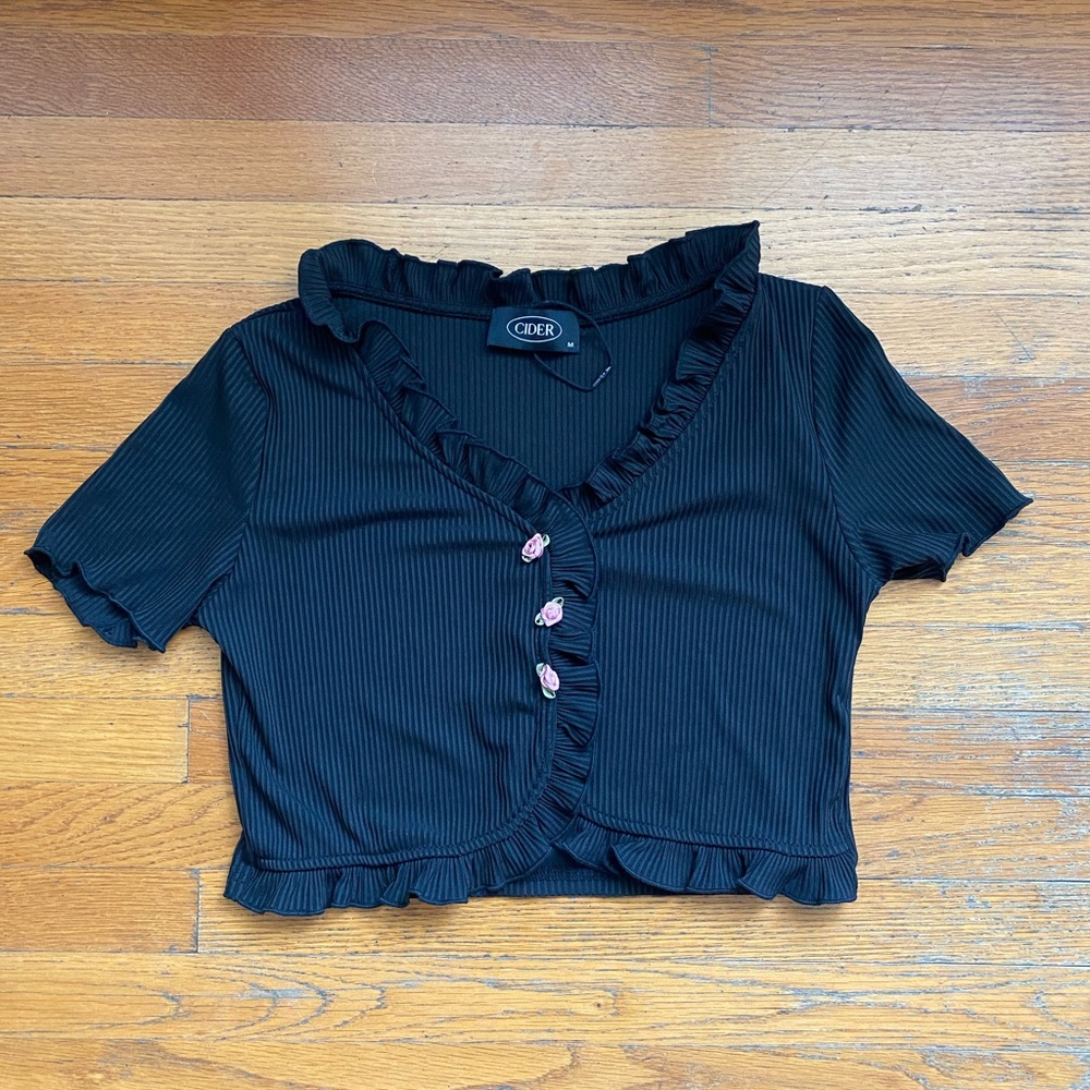 Cider Rose Detailed Ribbed Crop Ruffle Cardigan - Picture 5 of 7